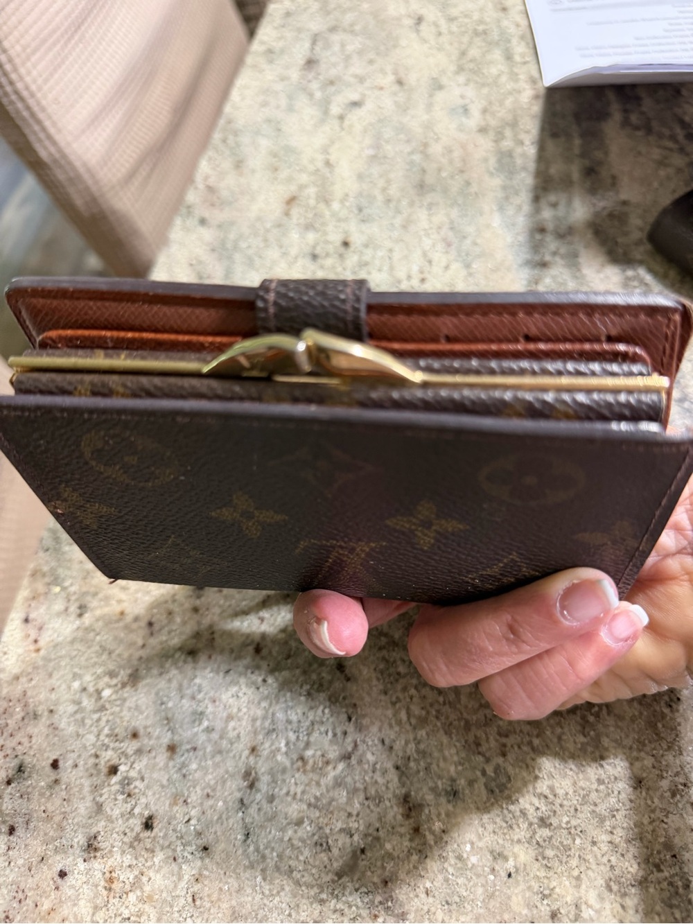 Louis Vuitton Brown Monogram Compact Wallet with KISS lock gold hardware
